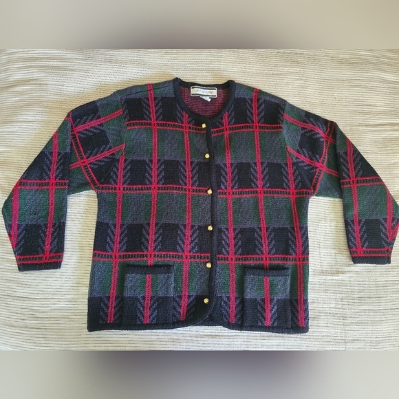 Crystal-Kobe Sweaters - Vtg Crystal-Kobe Christmas Cardigan Sz L Scottish Green/Red Plaid Gold Buttons